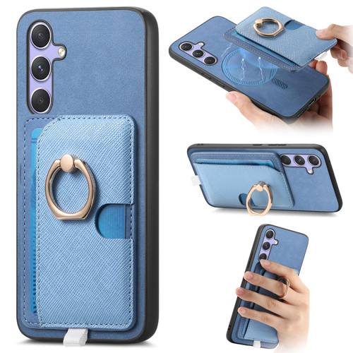 Samsung Galaxy A16 5G Retro Cross Leather Ring Side Insert Card Bag MagSafe Phone Case - Blue